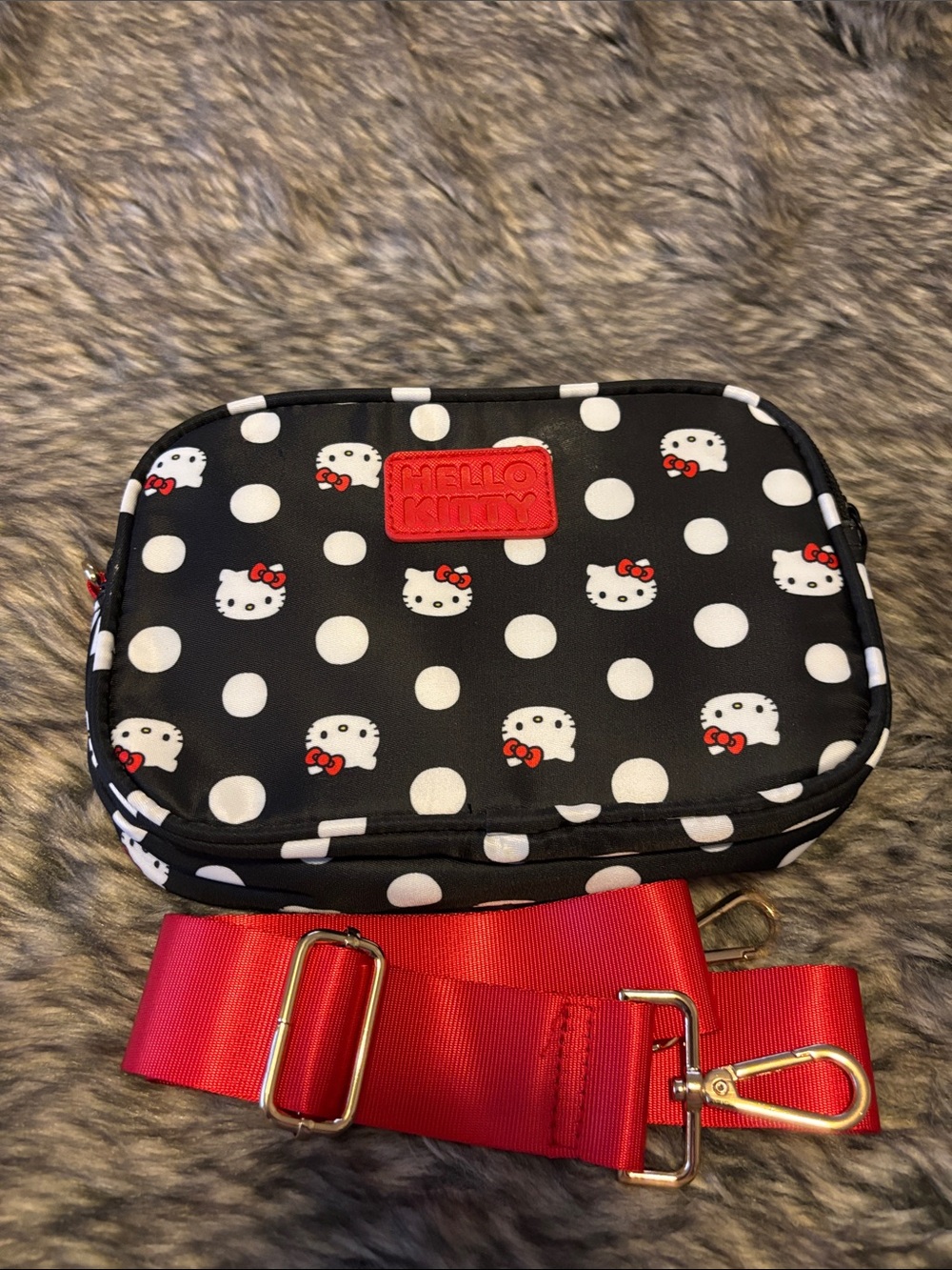 Hello Kitty Black & White Polka Dot Crossbody Bag with Red Strap